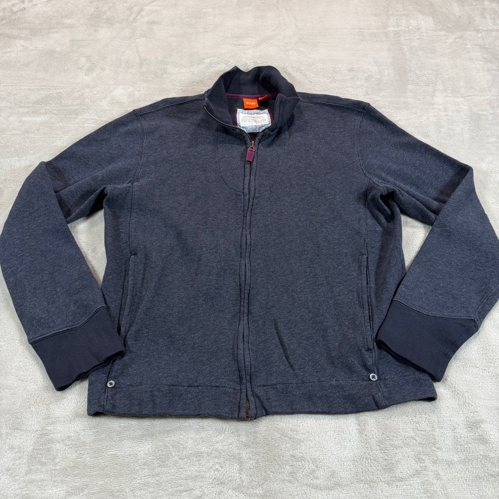Hugo Boss Orange Mens Large Full Zip Sweatshirt Charcoal Gray Cotton Mock Neck
